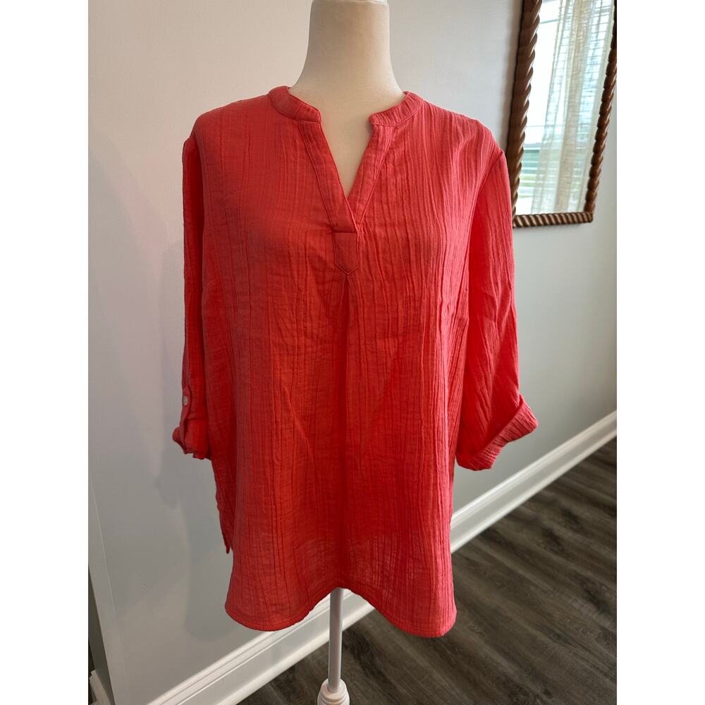 Soft Surroundings XL Coral Gauze Tunic Top Roll Tab Sleeves Boho Coastal Casual